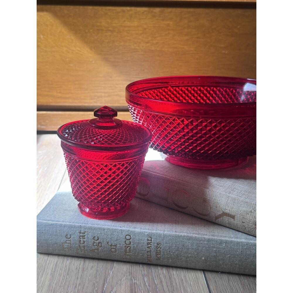 Vintage Estate European Ruby Red Art Glass Bowl Covered Dish Diamond Point Set - Picture 13 of 16